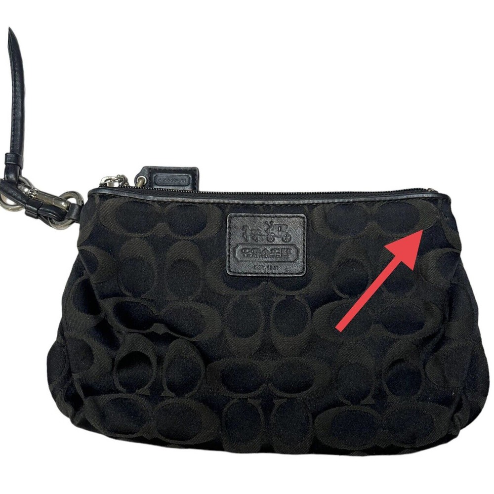 Coach Wristlet Womens Signature Monogram Fabric Zip Closure Black Gray/Green - Picture 12 of 13